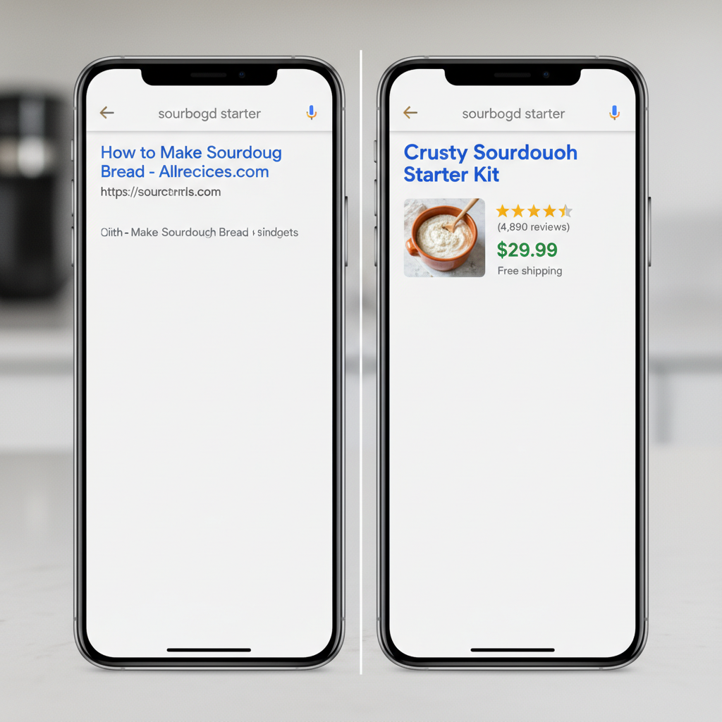 Comparison of a standard Google search result versus a rich result with star ratings and extra info.