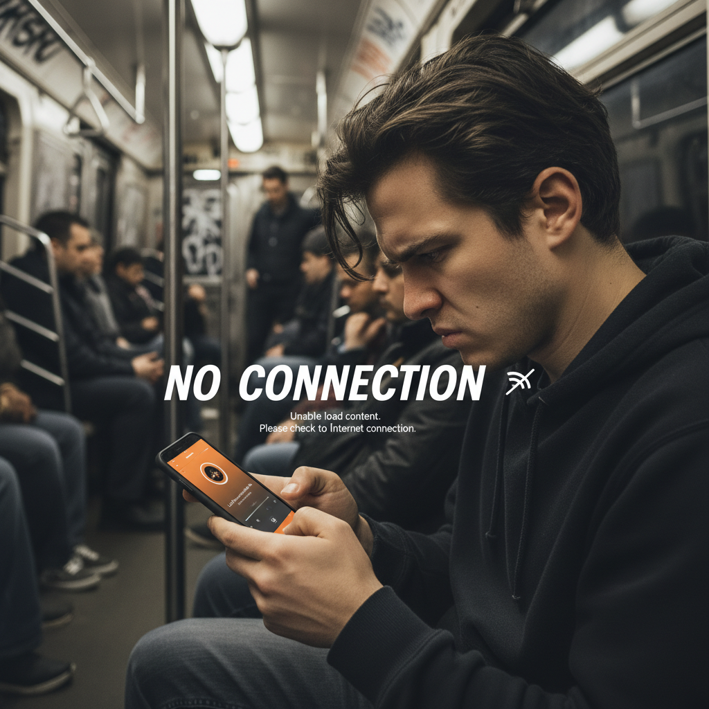 A person on a subway unable to play a SoundCloud track due to no internet.