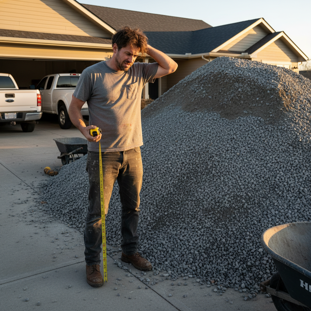 Person looking overwhelmed by a large pile of landscape gravel in their driveway.