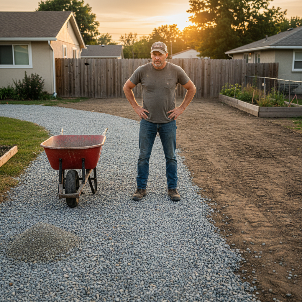 Frustrated person looking at an incomplete gravel driveway project with not enough material left.