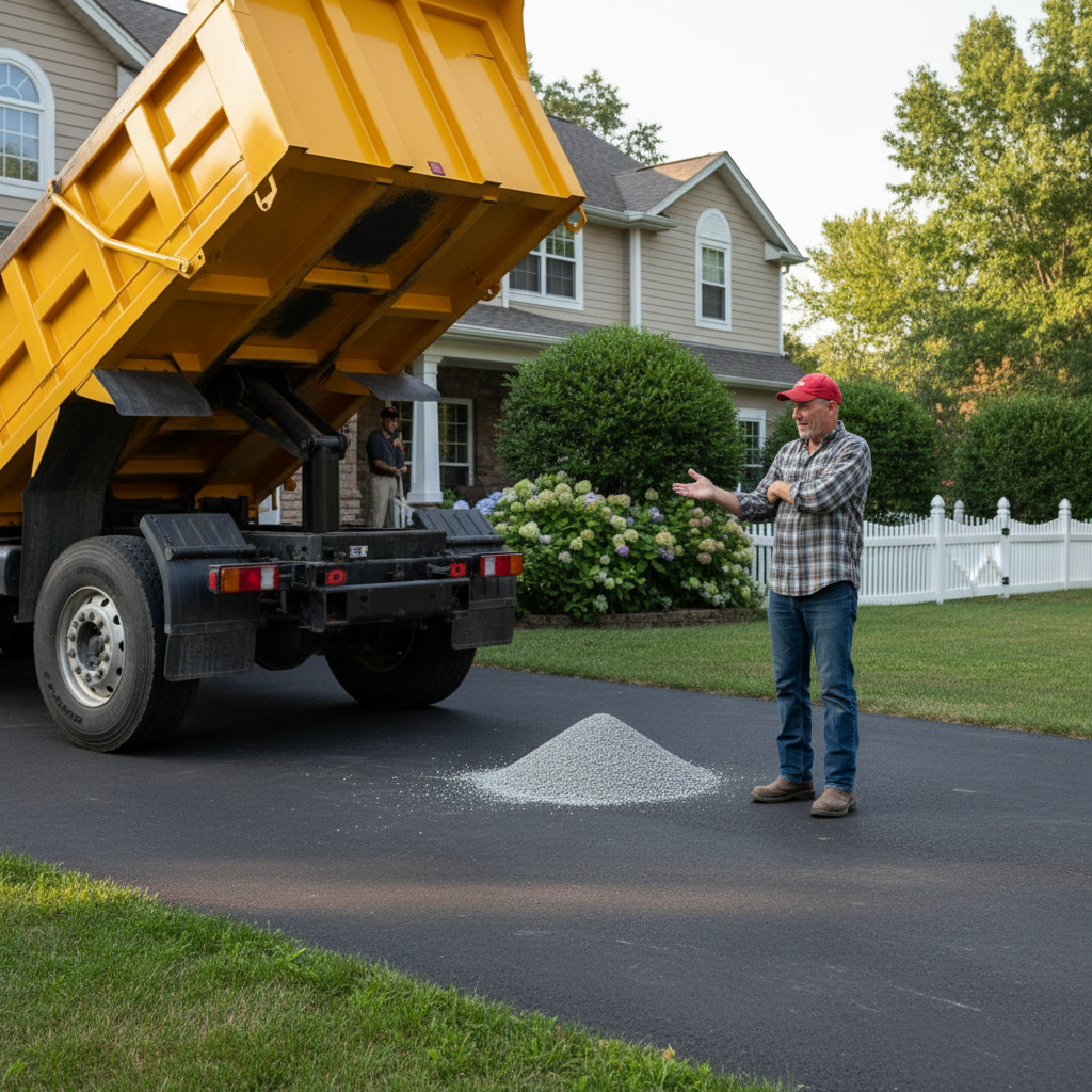 Frustrated homeowner looking at a small gravel pile from a dump truck.