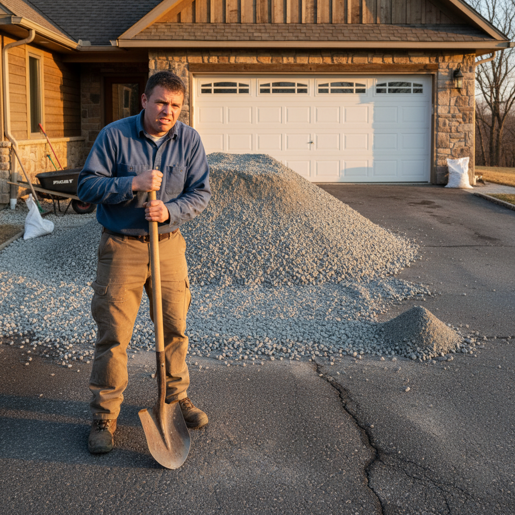 A person looking disappointed at an incomplete gravel driveway project.