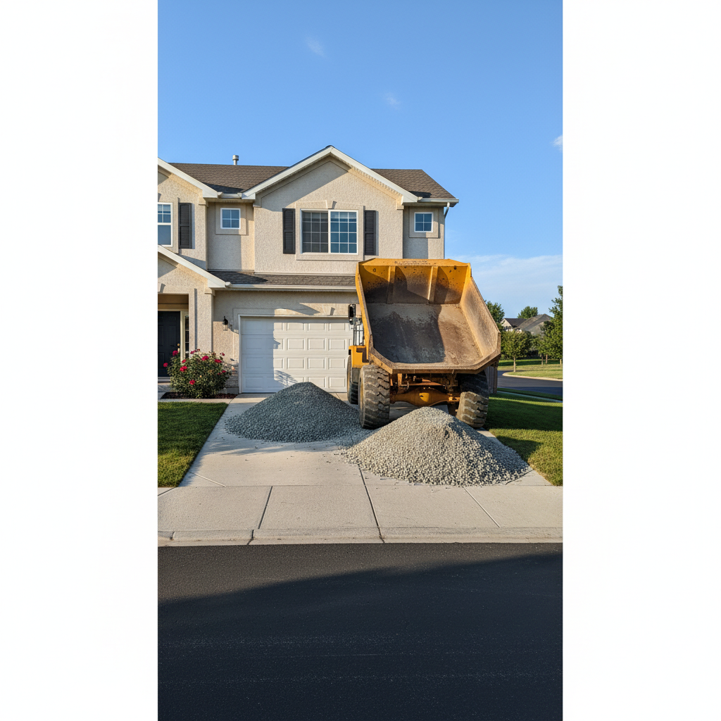Dump truck leaving a driveway with a gravel pile that falls short of the garage.
