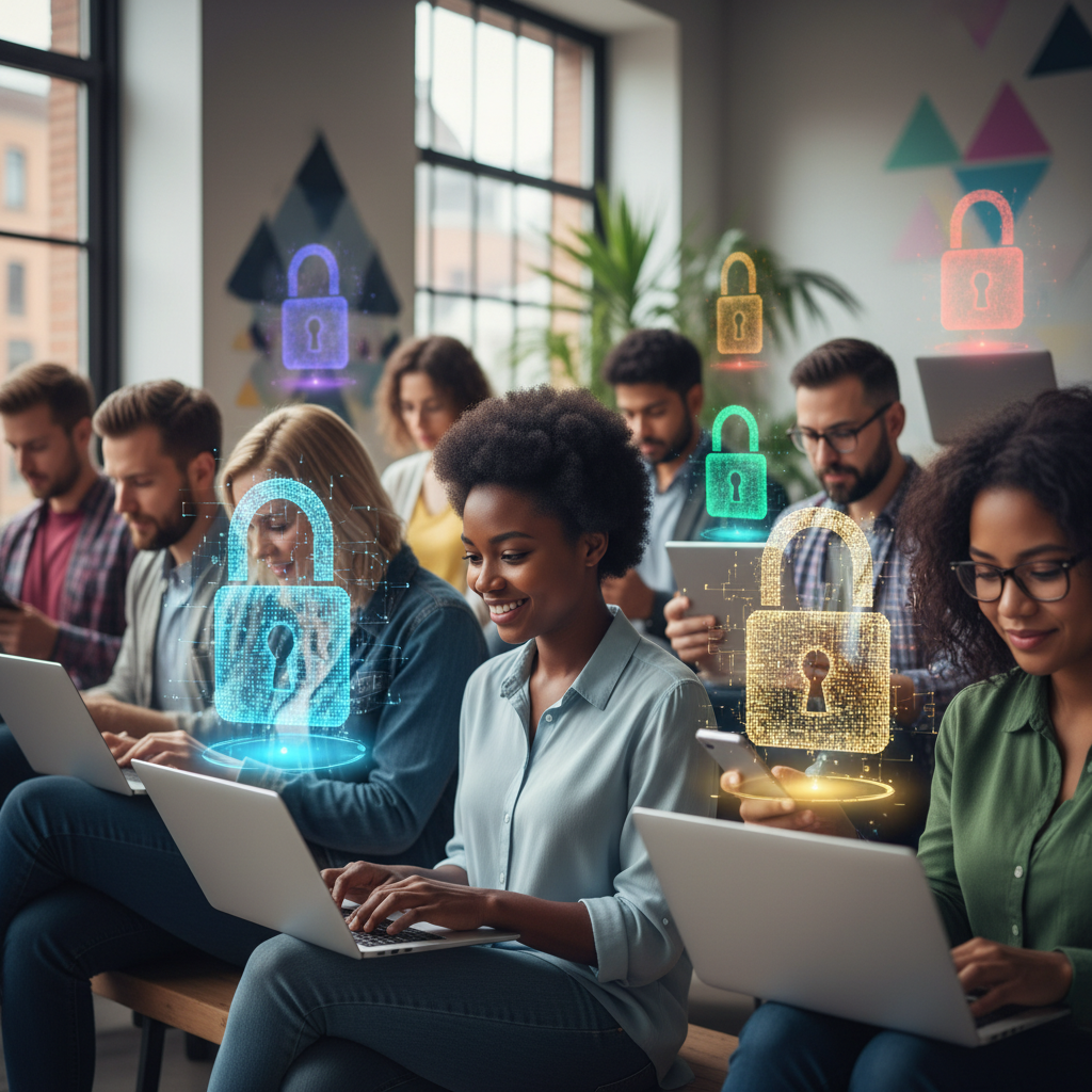 People using devices with digital padlocks symbolizing their online security.