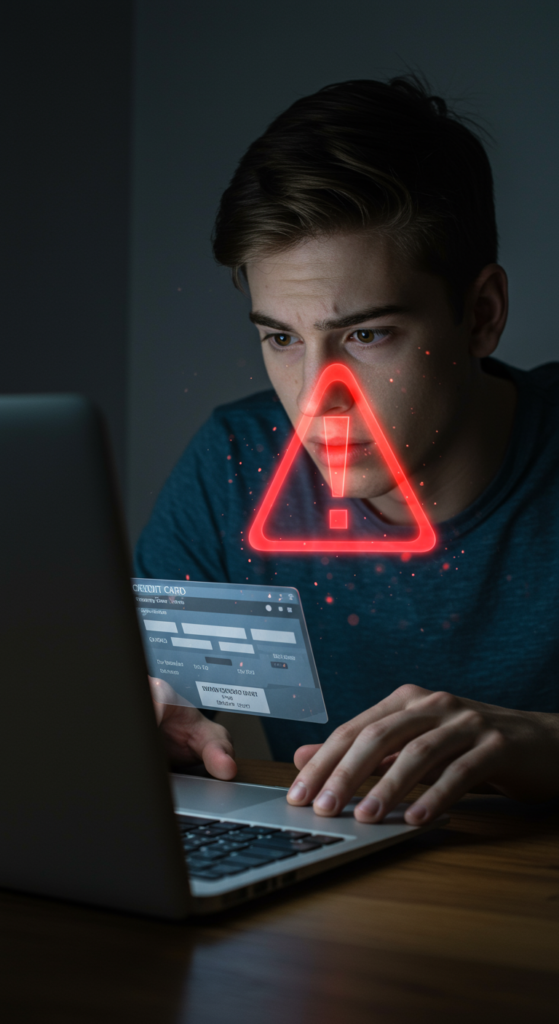 A person concerned about online security while looking at a payment form on their laptop.