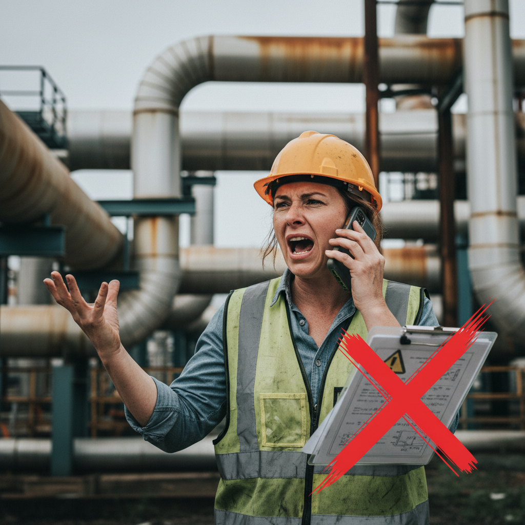 A project manager looking stressed while on the phone in an industrial setting.