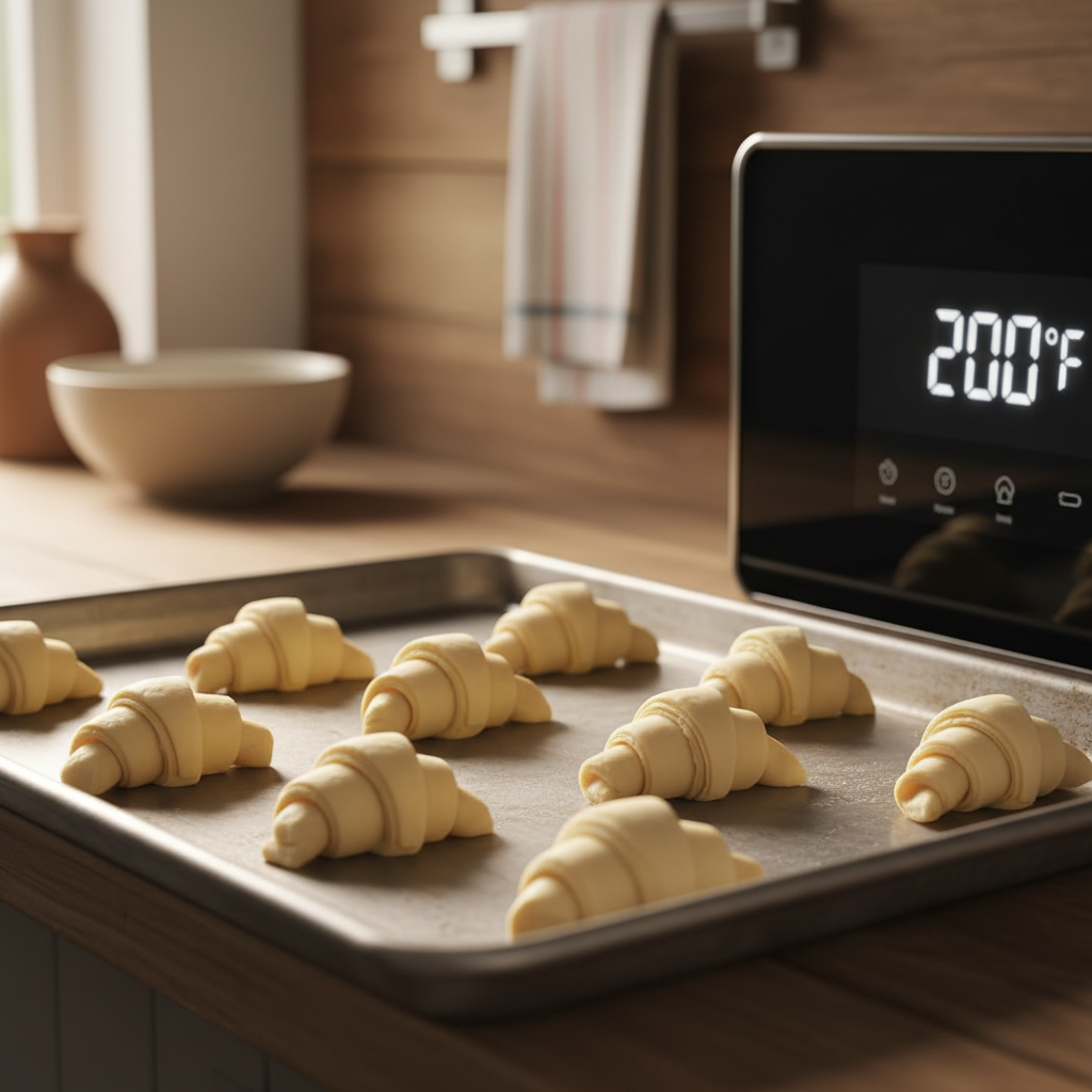 A tray of underbaked, doughy croissants sits on a kitchen counter next to an oven.