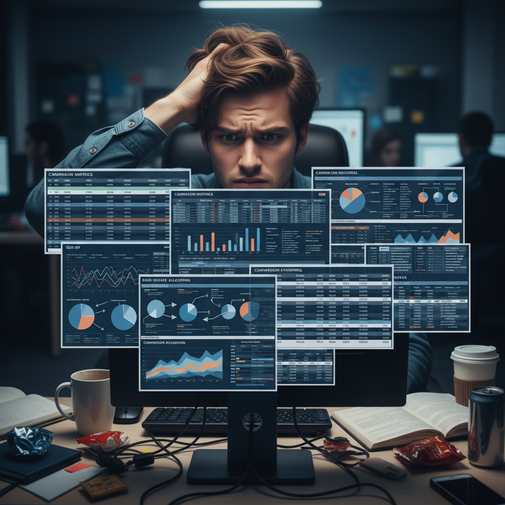 A person looking stressed while working on complex SEO data on a computer.