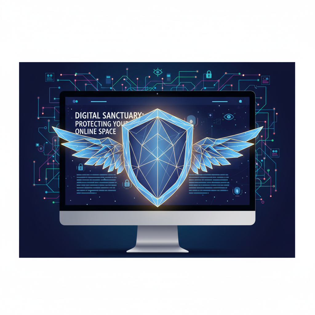 A glowing shield with an angel wing design protecting a computer screen.