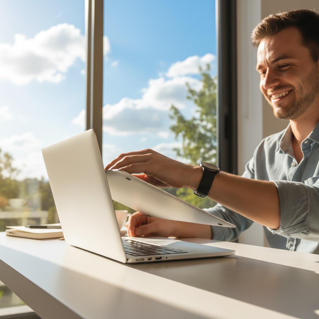 A person closing their laptop at 3:30 PM, with the sun shining brightly outside.