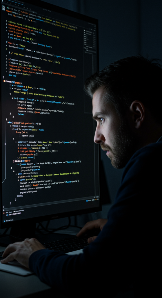 A person looking stressed while viewing complex JSON code on a monitor.