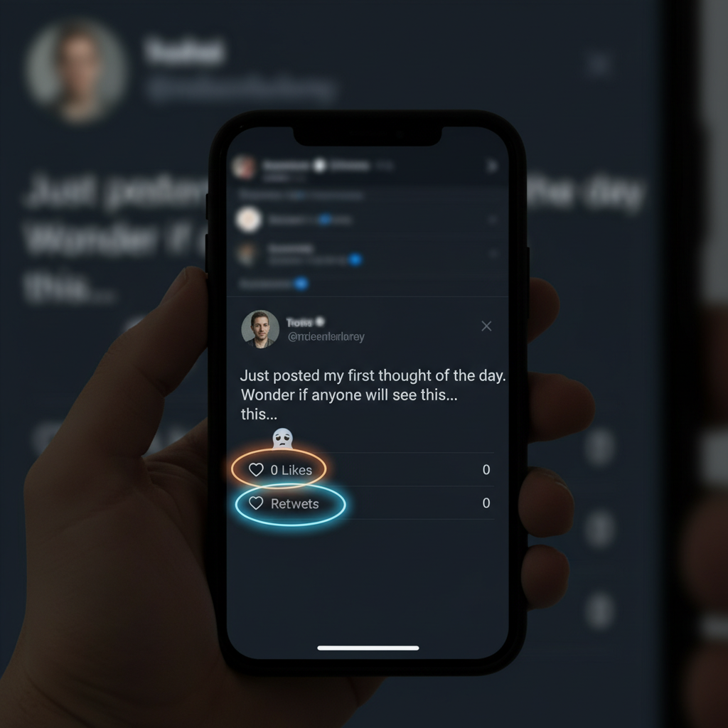 A smartphone showing a tweet with no likes or retweets.