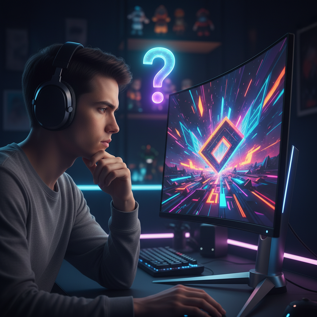 A person looking confused at a high-tech computer monitor.