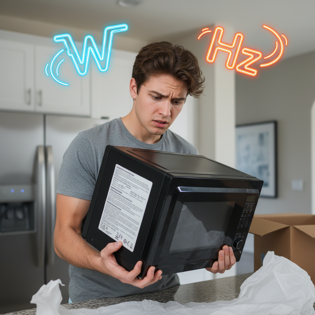 A person looking confused at an appliance label with Watt and Hertz symbols.