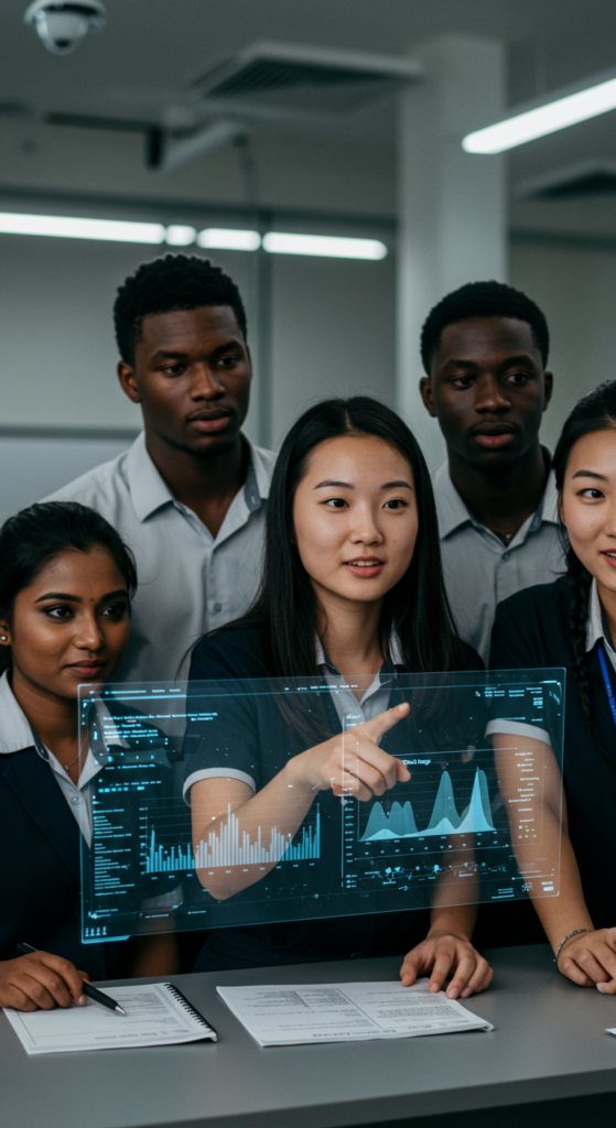 SRM students analyzing their academic performance on a digital screen.