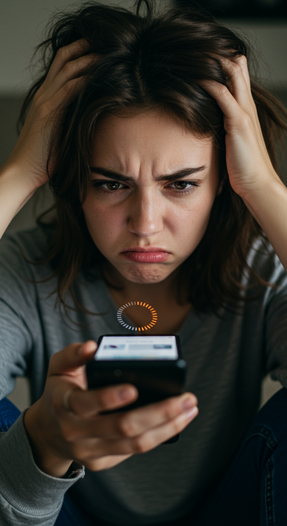 A frustrated person looking at a slow-loading website on their phone.