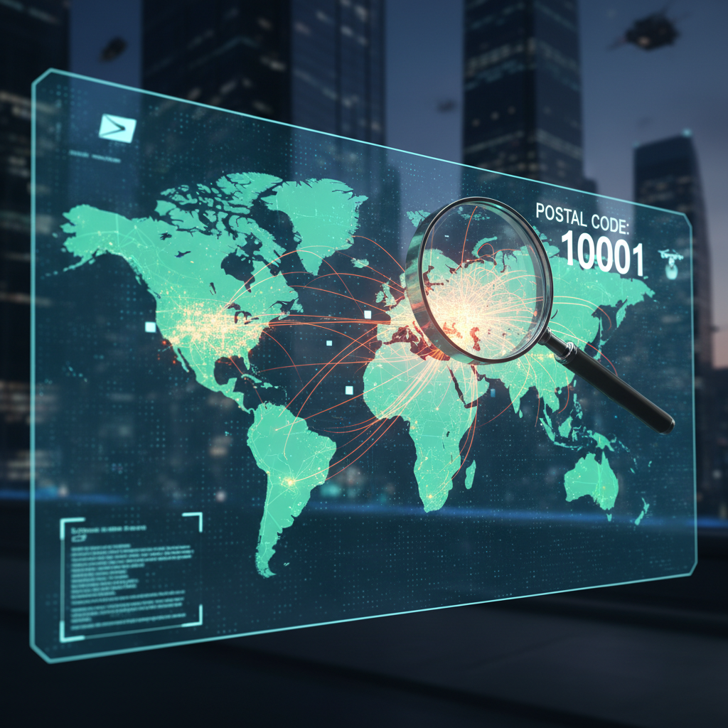 Glowing map of global logistics with a magnifying glass over a city's pincode.