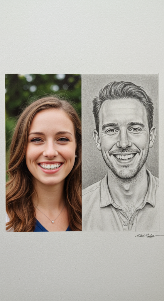 A before-and-after image showing a color photo of a couple and its pencil sketch version.