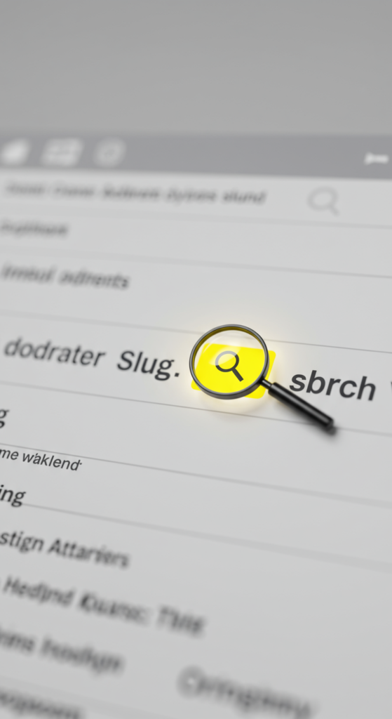 A browser address bar with the URL slug portion highlighted by a magnifying glass to show its importance.