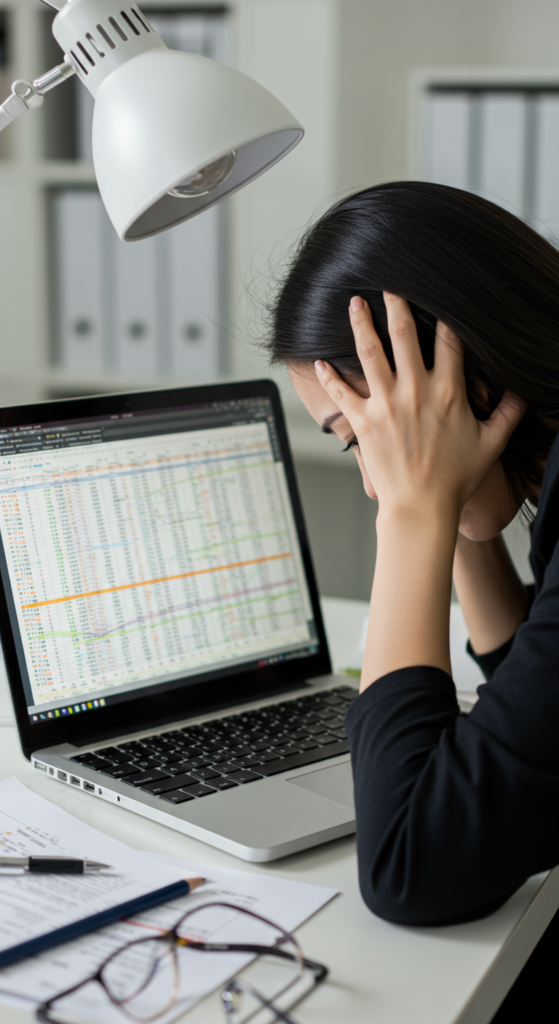 A person looking stressed while viewing a confusing spreadsheet on their monitor.