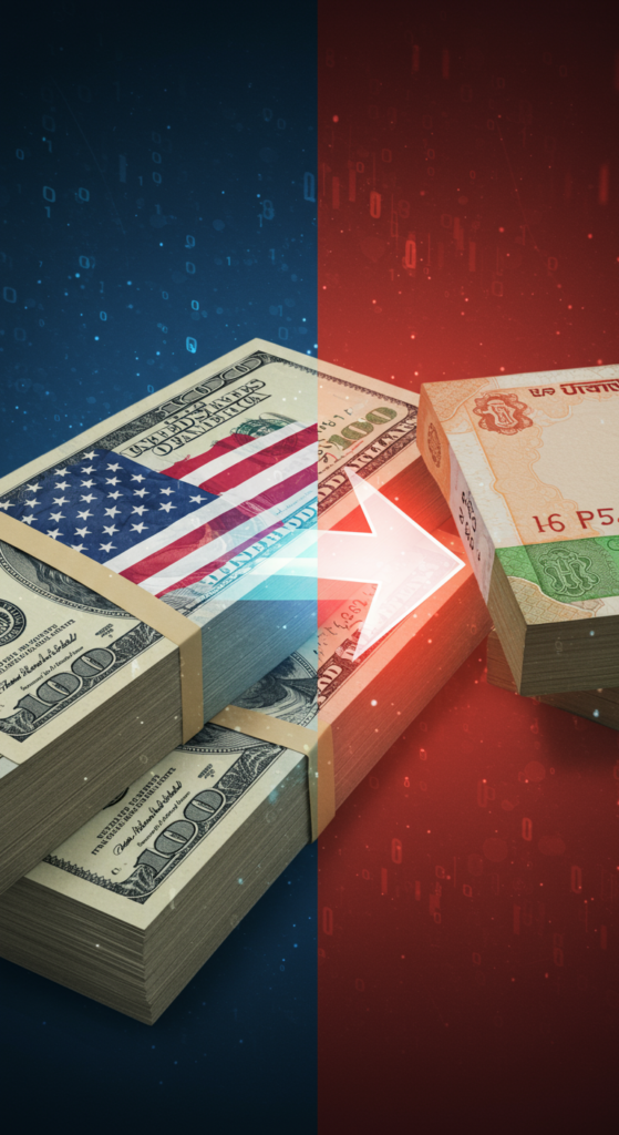 A graphic showing US dollars being converted into Indian Rupees, symbolizing the currency exchange.