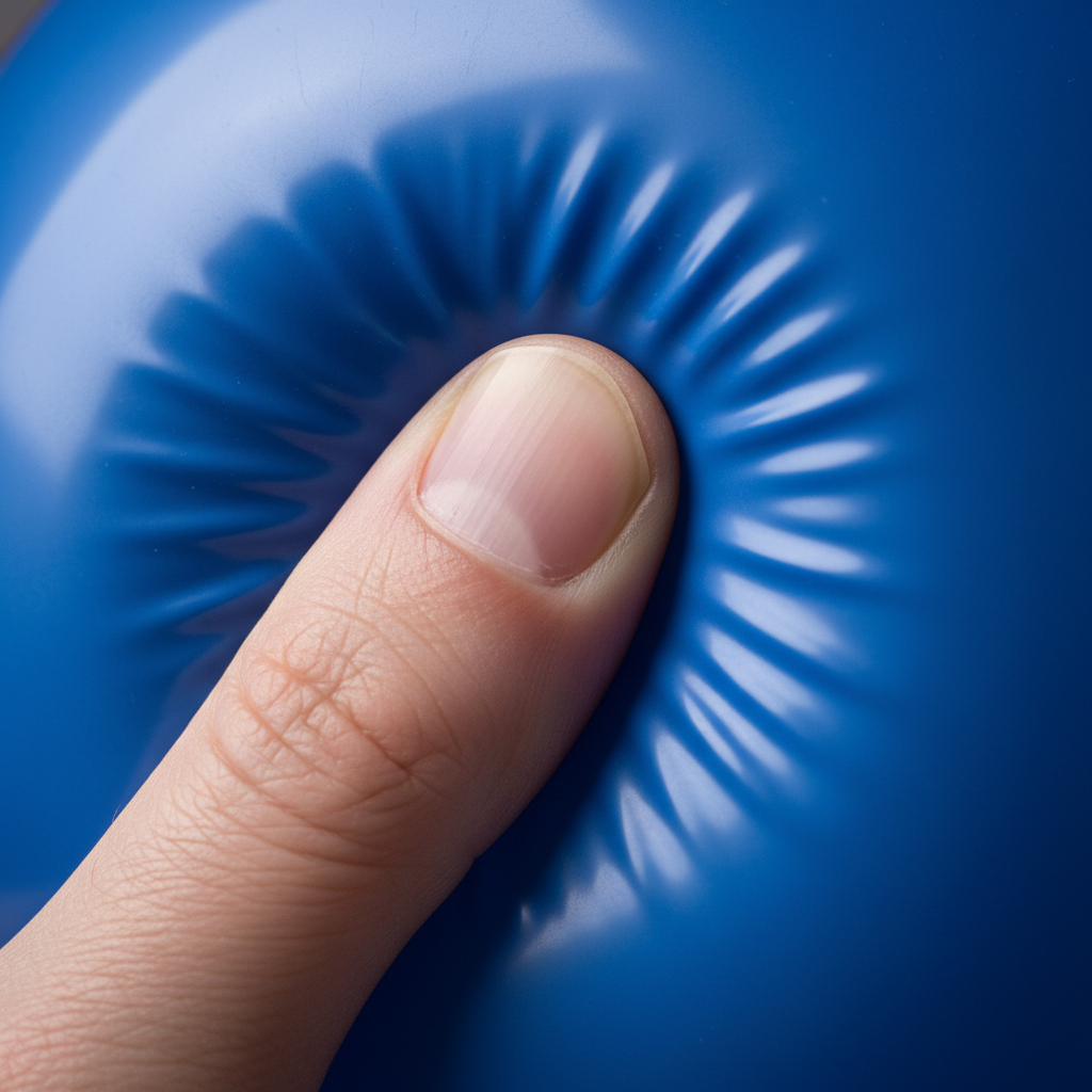 A finger pressing into a blue balloon to demonstrate the concept of pressure.