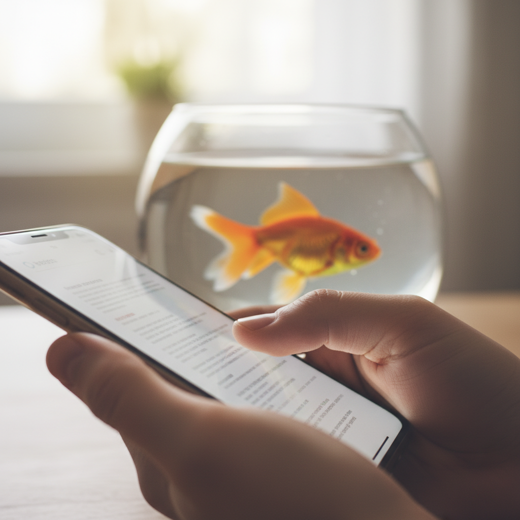A person quickly scrolling on their phone next to a goldfish in a bowl, symbolizing short attention spans.