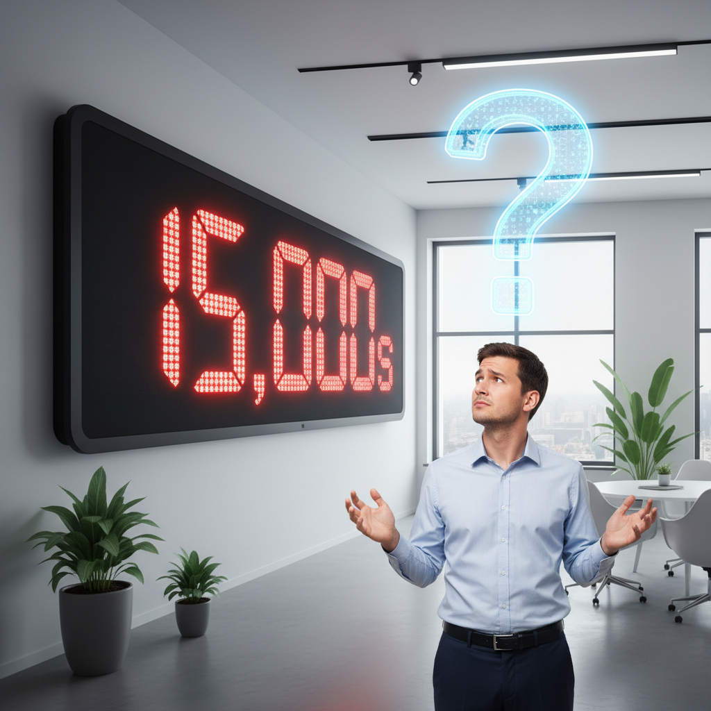 A person looking confused at a clock showing 15,000 seconds.