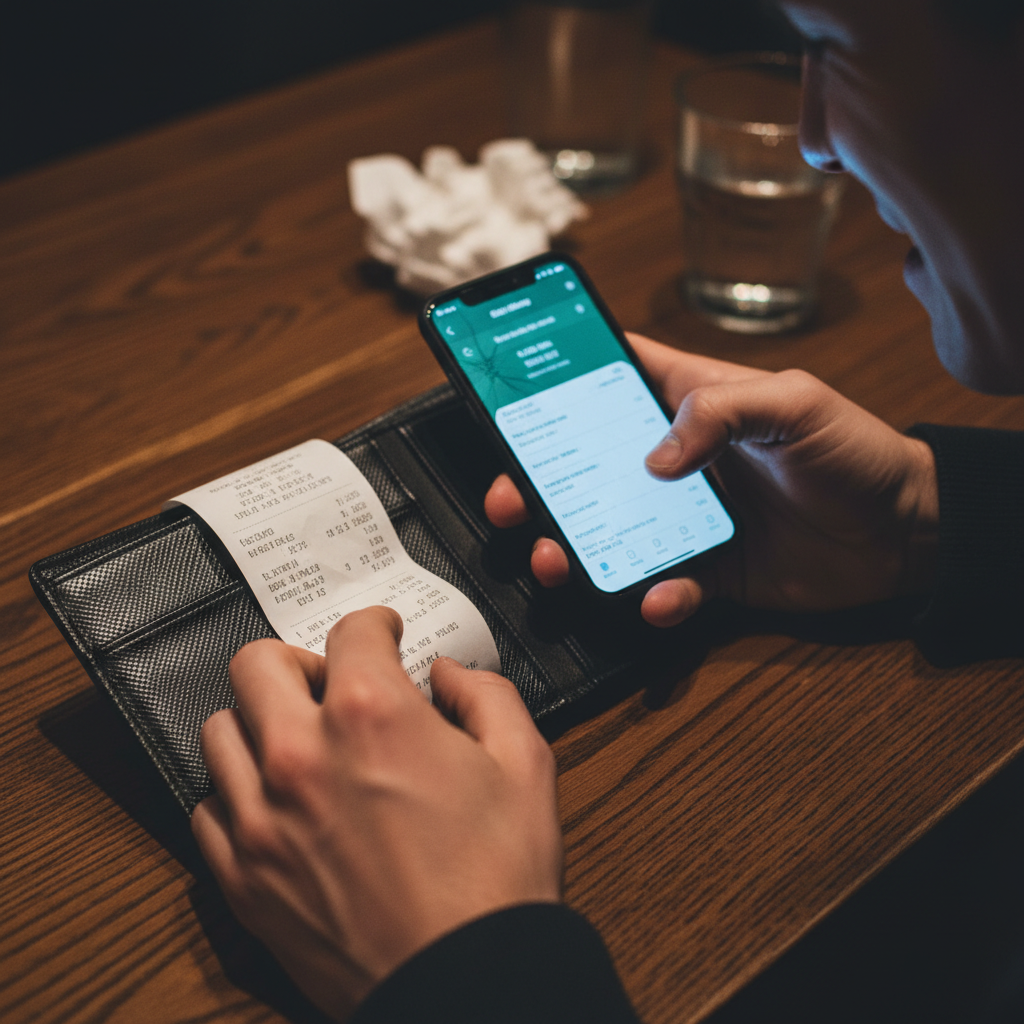 A person looking anxiously at a restaurant bill and their smartphone.