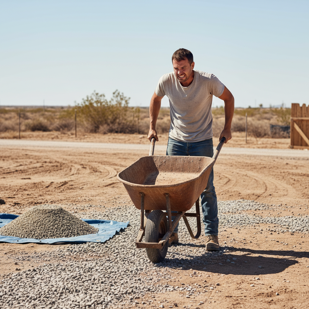 A homeowner looking stressed while staring at their unfinished gravel driveway project.