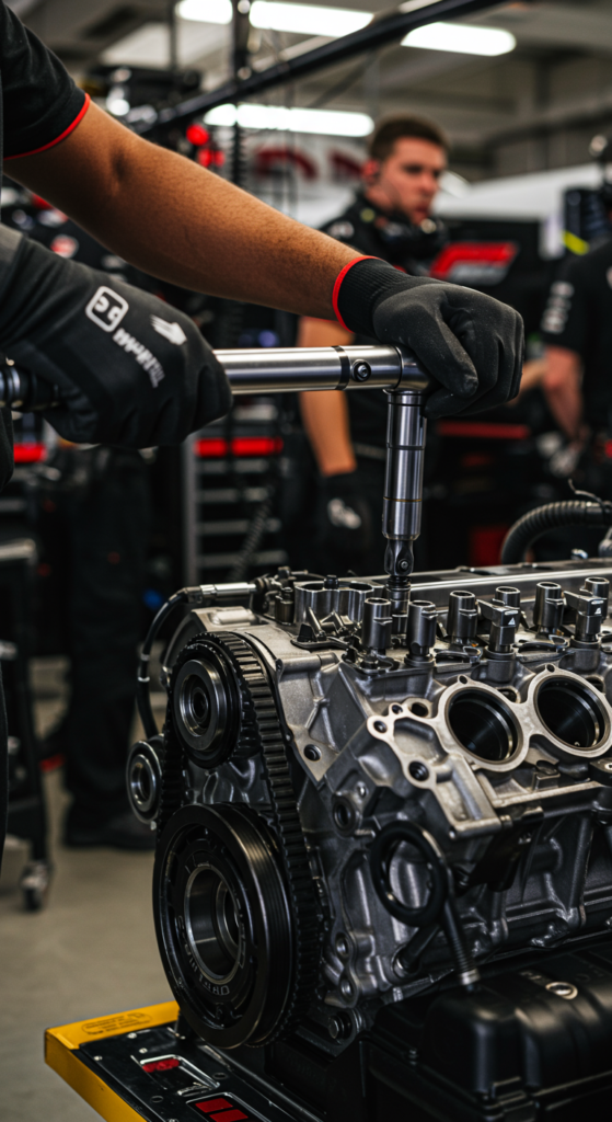 A mechanic uses a torque wrench on a race car engine.