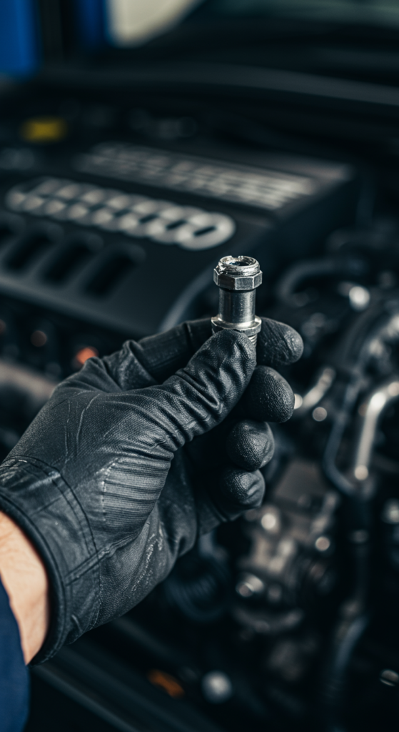 A snapped steel bolt held in a mechanic's hand.