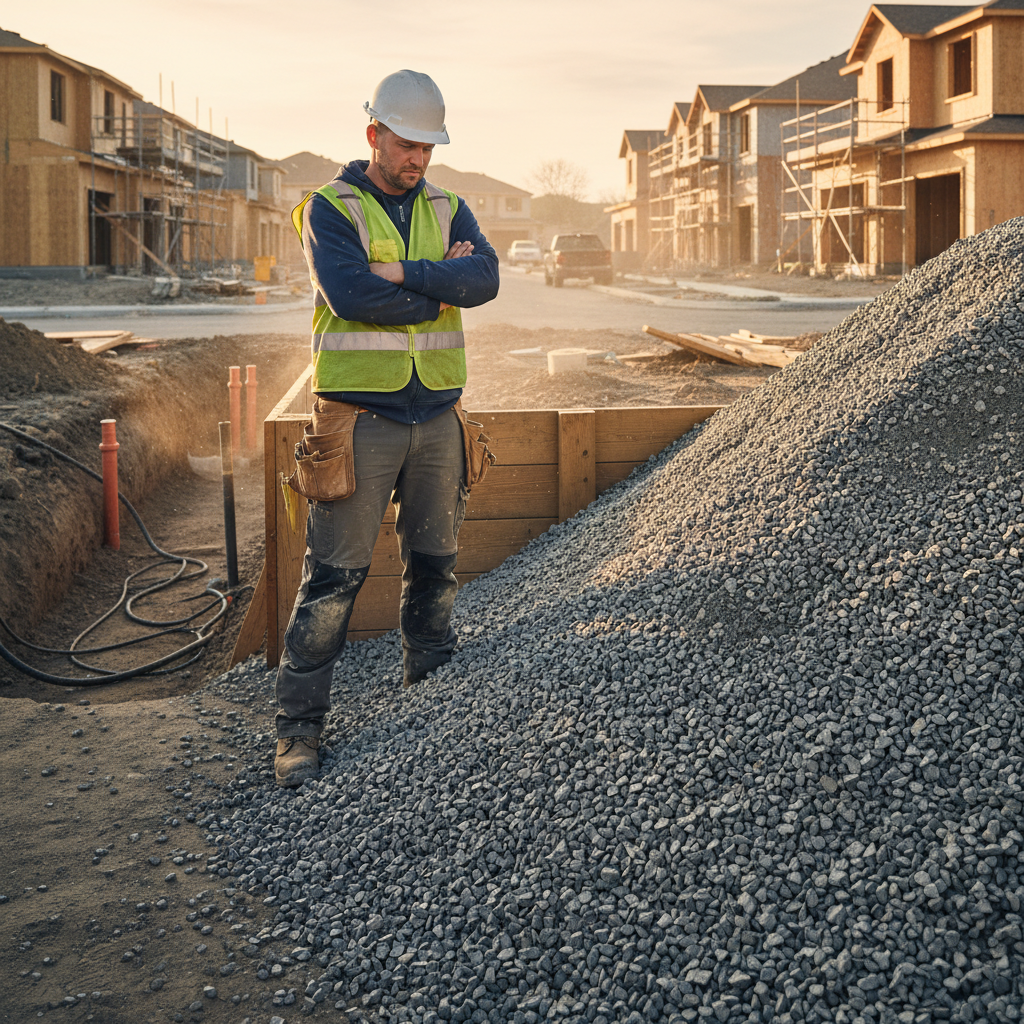 A construction worker looking stressed next to a massive pile of excess gravel.