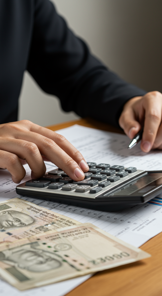 Hands using a calculator to figure out GST, with Indian currency and a business ledger on the desk.