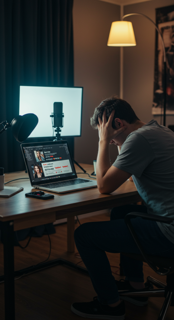 A content creator looking disappointed at their low YouTube video view count in 2026.