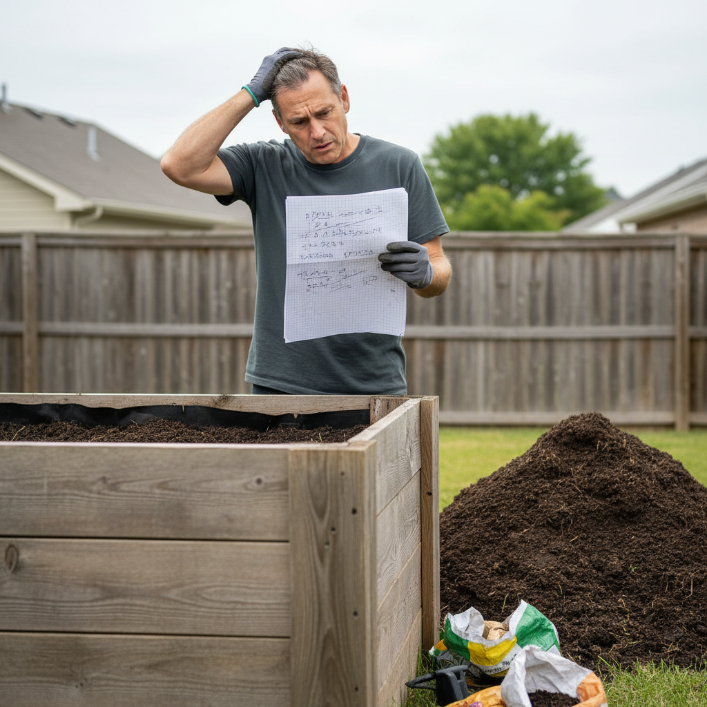 Frustrated DIYer with too much soil next to a sloped garden bed.