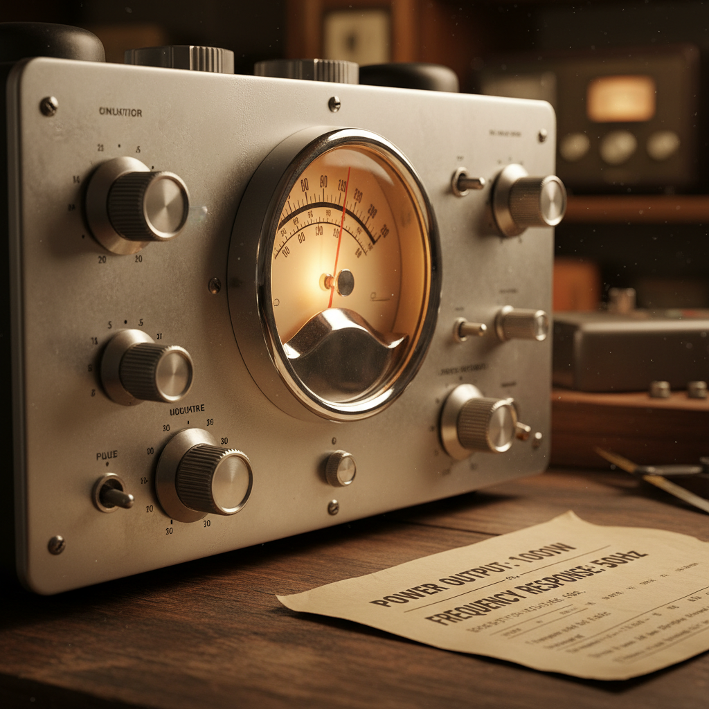 Vintage audio amplifier and electrical spec sheet.