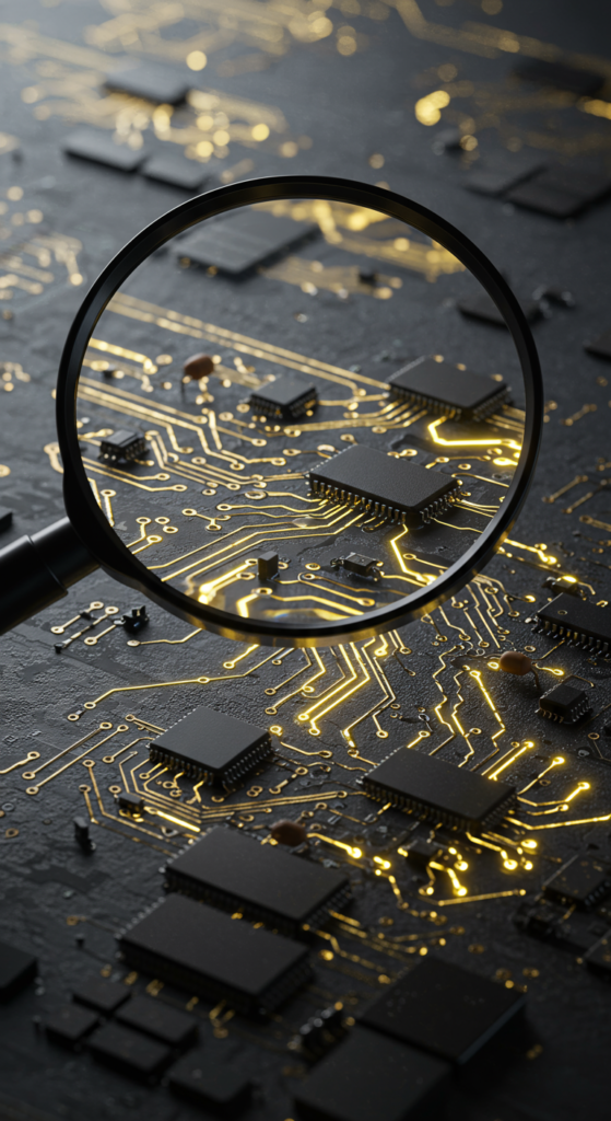 A close-up of a computer motherboard under a magnifying glass.