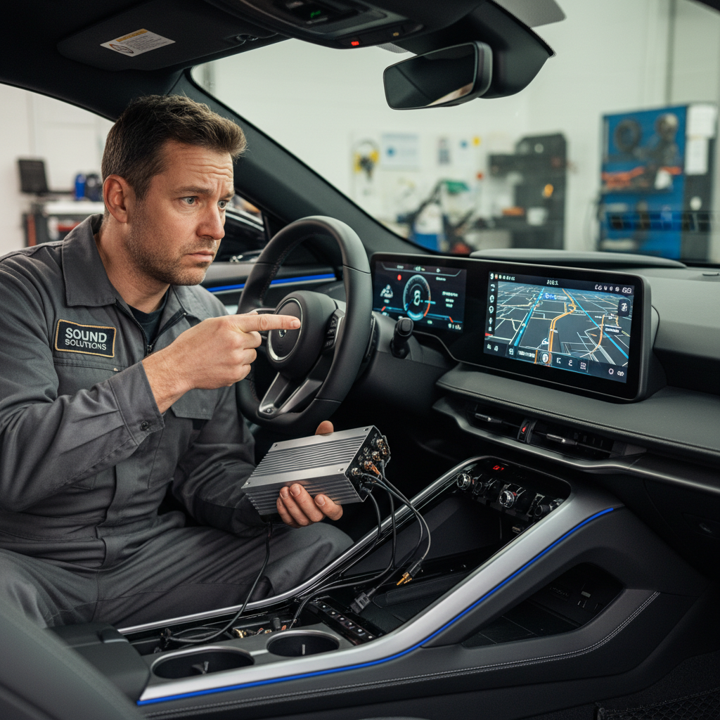 Frustrated person holding a car amplifier next to a modern car dashboard with no RCA outputs.