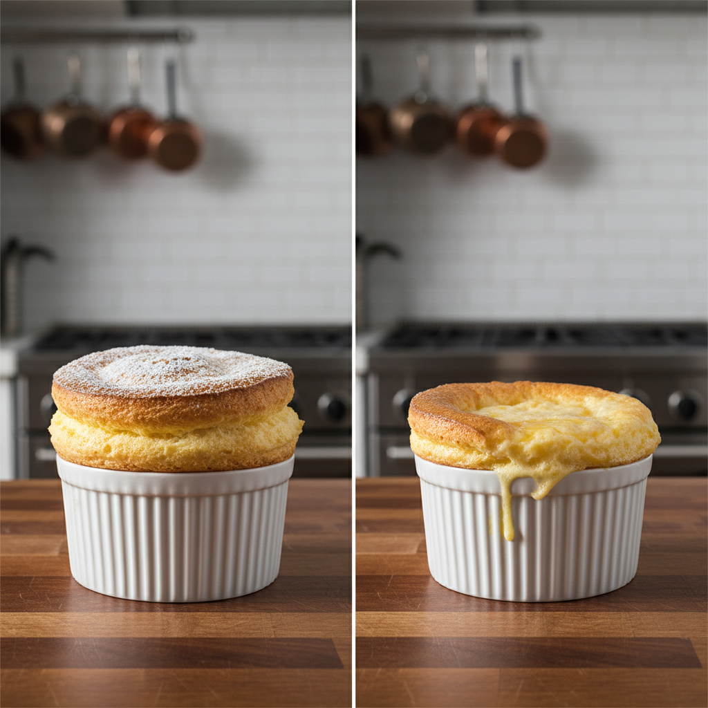 A perfectly cooked soufflé next to a collapsed, underbaked one highlighting a cooking failure.
