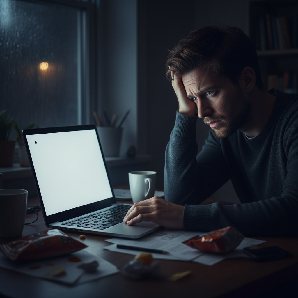 A frustrated individual facing a blank screen, symbolizing the difficulty of brainstorming a new name.
