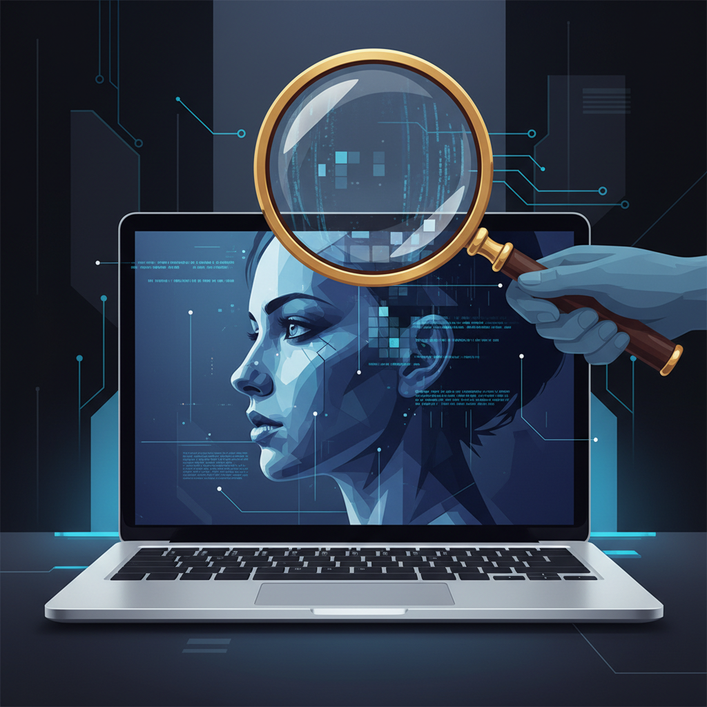 A magnifying glass examining a digital portrait on a laptop screen, symbolizing investigation.