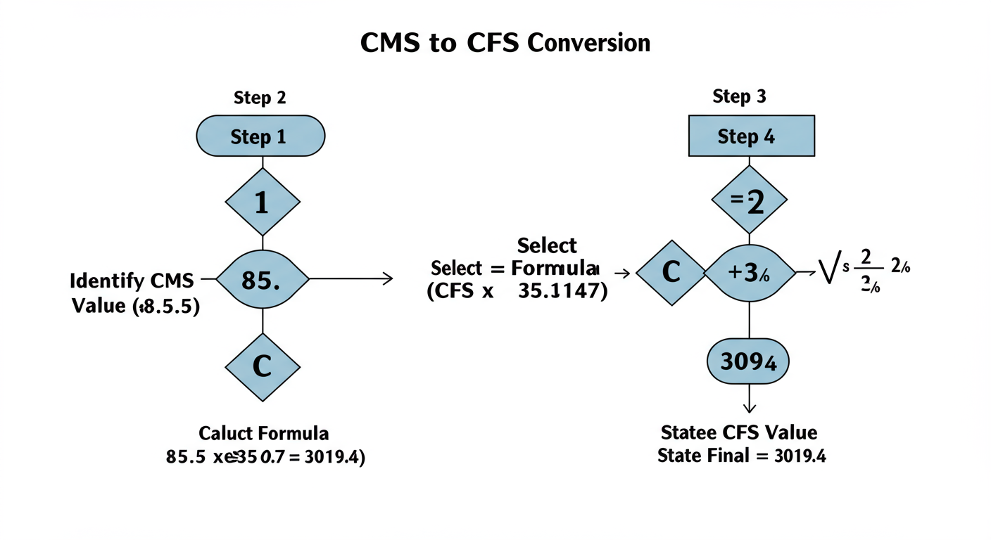 cms to cfs - Clean, minimalist flowchart diagram showing the 4 steps of CMS to CFS conversion. Step 1: 'Identify CMS Value (e.g., 85.5)'. Step 2: 'Select Formula (CFS = CMS x 35.3147)'. Step 3: 'Calculate (85.5 x 35.3147 = 3019.4)'. Step 4: 'State Final CFS Value'.