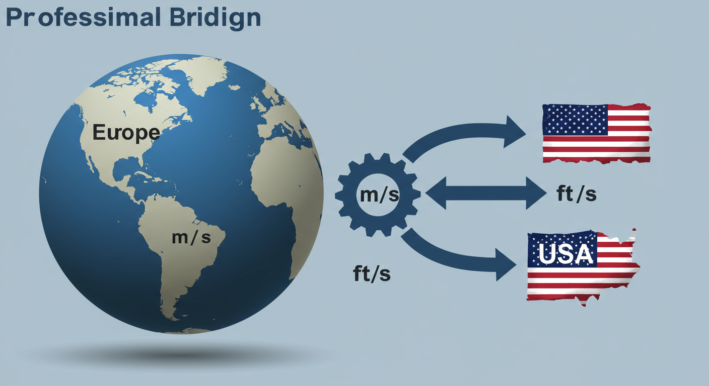 cms to cfs - Professional infographic showing a globe with arrows connecting Europe (labeled m³/s) and the USA (labeled ft³/s). The arrows converge on a gear icon labeled 'Conversion', emphasizing the need for a bridge between the two systems.