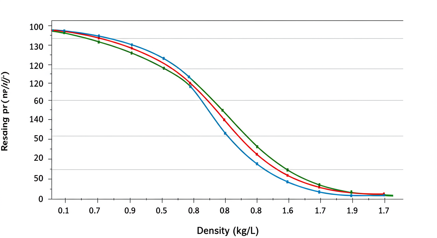 mg L to mg kg conversion - A data trend graph titled 'Impact of Density on Conversion'. The X-axis is 'Density (kg/L)' from 0.7 to 1.7. The Y-axis is 'Resulting mg/kg from 100 mg/L'. The line shows a downward curve, starting high (e.g., 142 mg/kg at 0.7 density) and ending low (e.g., 58 mg/kg at 1.7 density).