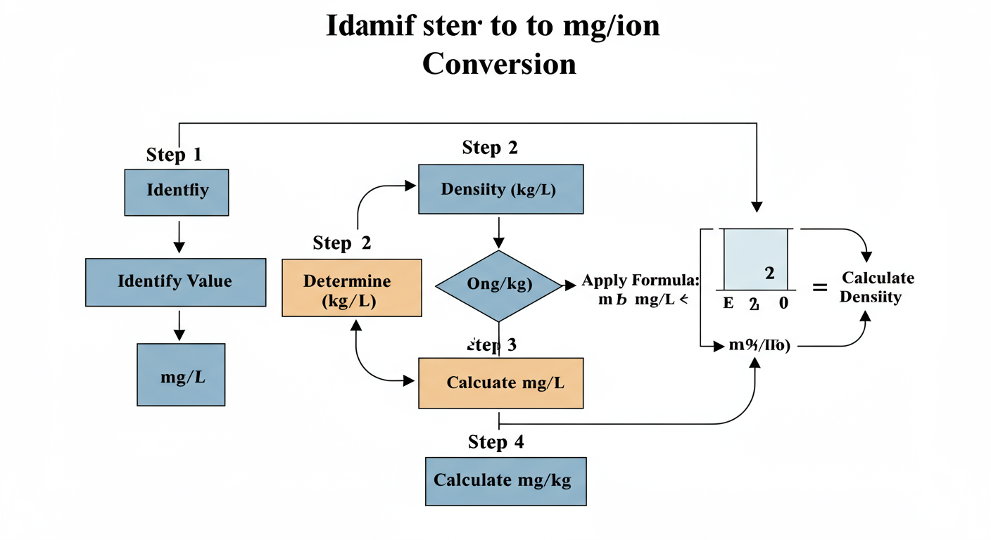 mg L to mg kg conversion - A clean, step-by-step flowchart diagram for the mg/L to mg/kg conversion process. Step 1: 'Identify mg/L Value'. Step 2: 'Determine Density (kg/L)'. Step 3: 'Apply Formula: mg/kg = mg/L ÷ Density'. Step 4: 'Calculate Final mg/kg Value'.