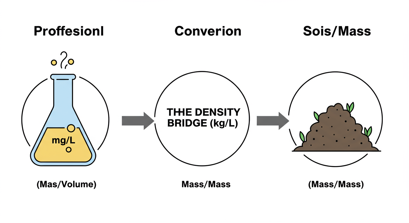 mg L to mg kg conversion - Professional minimalist infographic showing the conversion process. On the left, a beaker labeled 'mg/L (Mass/Volume)'. In the middle, a bold arrow labeled 'THE DENSITY BRIDGE (kg/L)'. On the right, a pile of soil labeled 'mg/kg (Mass/Mass)'.