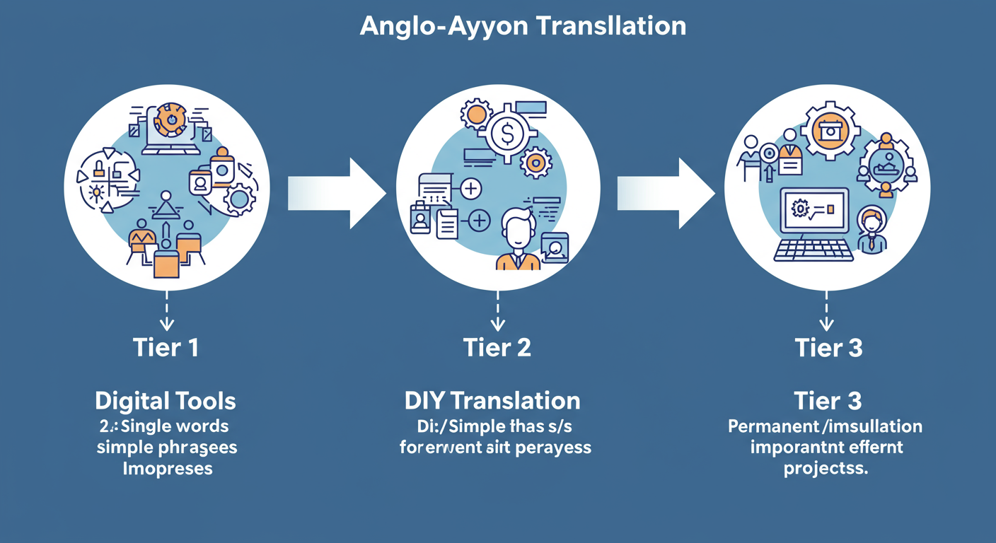translate to Anglo-Saxon - Professional minimalist flowchart showing the three tiers of Anglo-Saxon translation: Tier 1 (Digital Tools) for single words, Tier 2 (DIY Translation) for simple phrases, and Tier 3 (Expert Consultation) for permanent/important projects. Arrows indicate increasing accuracy and effort.