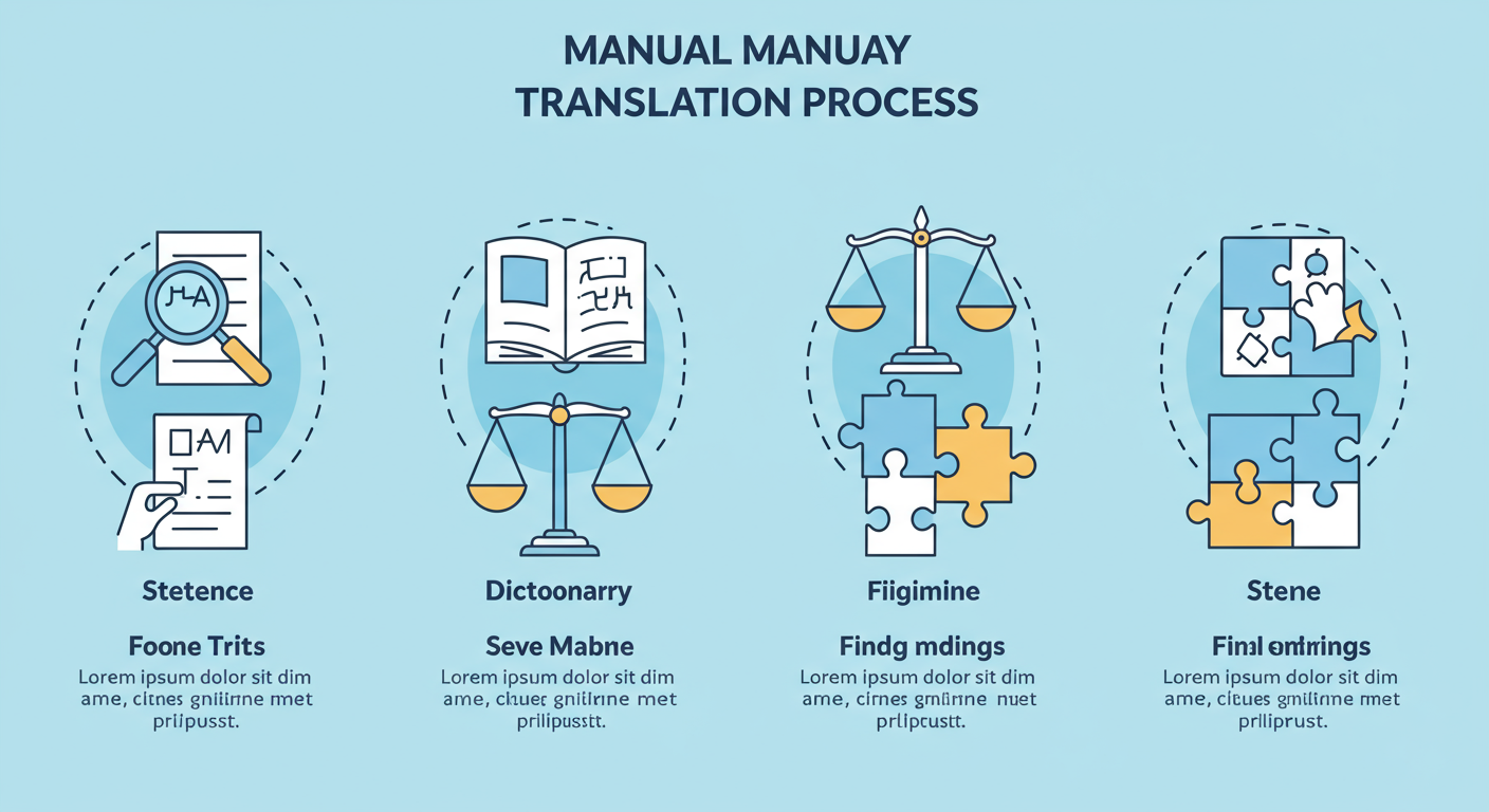 translate to Anglo-Saxon - A clean, step-by-step infographic diagram illustrating the 5-step manual translation process. Each step has a simple icon: 1. Magnifying glass over a sentence, 2. Book icon for dictionary lookup, 3. Scales icon for determining case, 4. Puzzle pieces for finding endings, 5. Assembled puzzle for the final phrase.