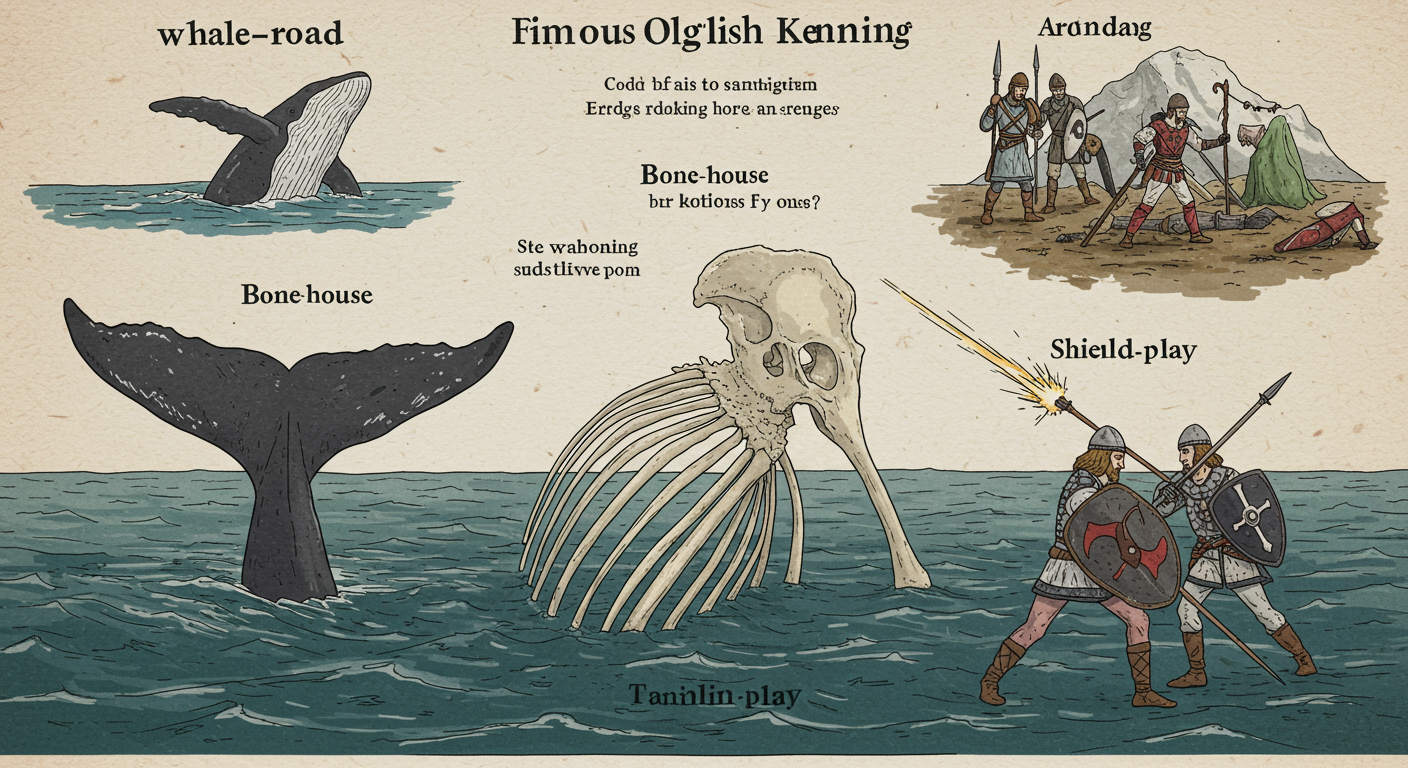 translate to Anglo-Saxon - An artistic and educational infographic illustrating famous Old English kennings. For 'whale-road', show a whale's tail dipping into a road-like sea. For 'bone-house', show a ribcage forming the structure of a house. For 'shield-play', show two warriors clashing shields with sparks flying.